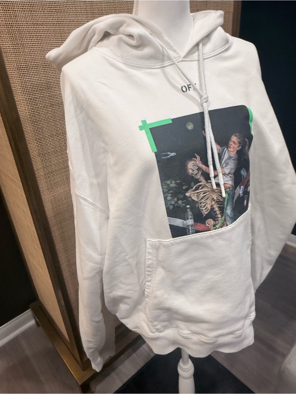 Off-White Cream Crewneck Hoodie w Graphic Print, Neon Accents - Men’s Size L
